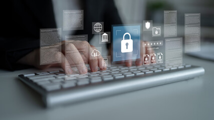 A professional engages with a computer keyboard, surrounded by futuristic icons representing...