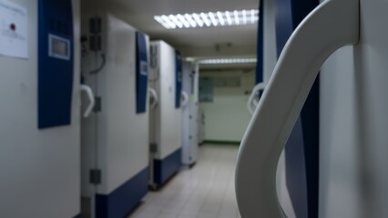 Blur abstract background of ultra low temperature freezer for specimens storage in laboratory testing in medical hospital.Blurry view rows of refrigerators for lab research in university