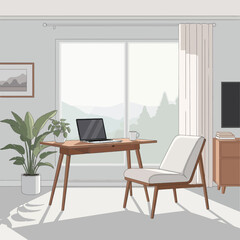 Obraz premium Cozy Home Office with Laptop, Chair, and Plant by Large Window with Mountain View