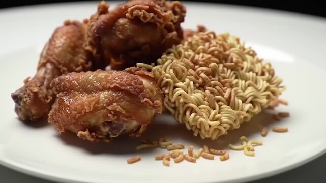 Golden-brown fried chicken drumsticks paired with dry instant noodles, creating a savory and satisfying meal, presented on a simple white dish for a quick and delicious indulgence