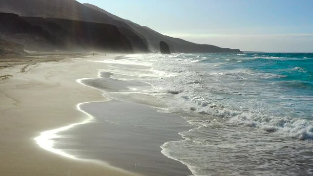 Monolith of Roque del Moro in the volcanic coast line of Cofete, in the Atlantic island of Fuerteventura, Spain. 