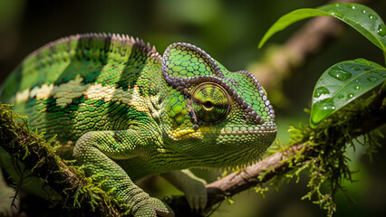 Bright green chameleon blends in with lush forest foliage. Perfect for naturethemed designs, environmental campaigns, and exotic wildlife content.