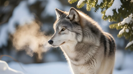 Majestic wolf in snowy forest breathes out frosted air. Perfect for naturethemed designs, winter posters, wildlife conservation materials.