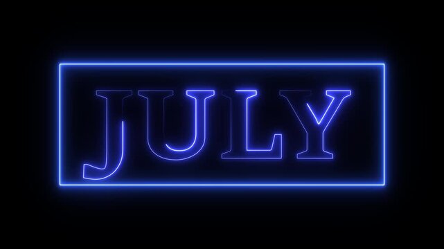 Animation of glowing neon shine month name JULY text icon animation on black background. 4k neon creative video motion graphic