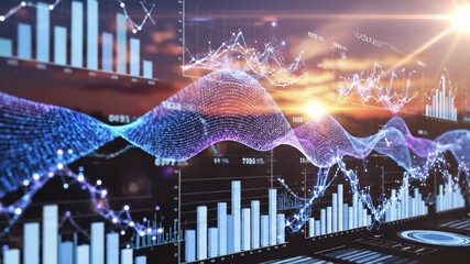 A digital graph displays vibrant data trends and analytics against a blurred sunset backdrop. The data and graph illustrate growth and innovation in technology and analysis. - Powered by Adobe