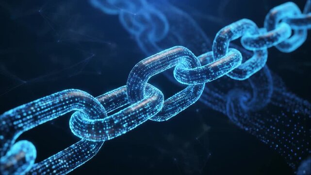 3D digital chain symbolizing blockchain technology, security, trust, and decentralized networks.