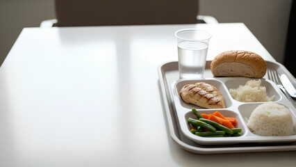 Hospital meal tray placed on the right side of a bright table, simple portions of balanced food, large clean white surface on the left serving as negative space for medical or nutrition messaging.