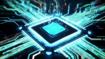 Futuristic digital microchip pulsating with data streams on a circuit board, illustrating high-speed processing and advanced information transfer - Powered by Adobe