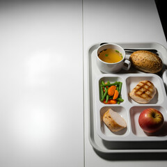 Hospital meal tray placed on the right side of a bright table, simple portions of balanced food, large clean white surface on the left serving as negative space for medical or nutrition messaging.