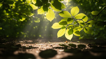 Sunlight filtering through green leaves on forest trail, perfect for nature blogs, environmental websites, outdoor magazines, and wellness advertisements.