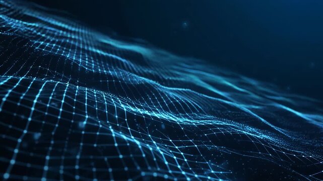 Futuristic digital wave with glowing grid lines representing data flow, artificial intelligence, and advanced technology.