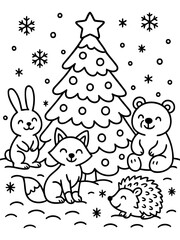 Fototapeta premium Christmas Delight: A heart warming illustration of a festive Christmas tree, adorned with delicate ornaments and topped with a shining star, surrounded by adorable forest friends: a playful fox.