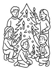 Obraz premium Candlelit Cheer: A family gathers to adorn a Christmas tree with glowing candles, illuminating the joyous holiday spirit of togetherness.