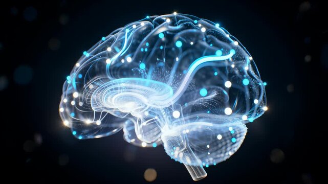Glowing brain hologram displays illuminated neural pathways and interconnected data points on a dark background with visible empty space for text and layout use for scientific, medical, and technology