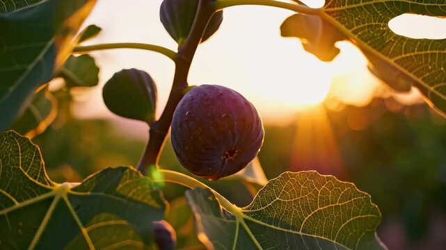 A ripe fig hangs from a branch, glistening in the soft sunlight of the evening. The fig and leaves create a harmonious scene full of rich colors and natural beauty.