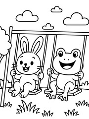 Fototapeta premium Friendship's Playtime: A joyful rabbit and a smiling frog share a carefree moment of friendship, swinging high on a playground swing set amidst a whimsical scene of puffy clouds and lush greenery.