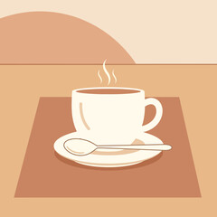 Obraz premium Steaming Hot Coffee Cup with Spoon on Saucer, Cozy Morning Beverage Illustration