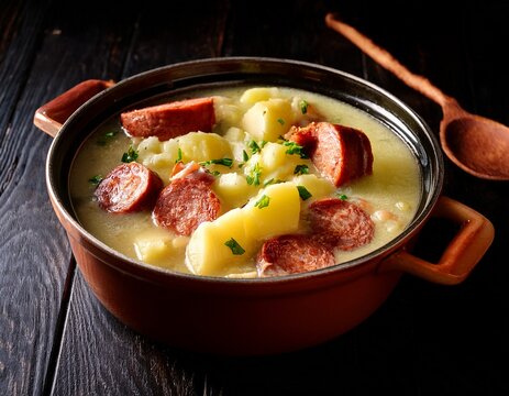 dublin coddle in a pot with sausage potatoes and bacon