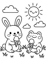 Cute Bunny and Frog with Ice Cream: A joyful illustration depicts a bunny and a frog, happily enjoying ice cream cones under a smiling sun and fluffy clouds.