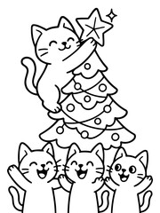 Christmas Cat: A festive illustration of cheerful cats adorning a Christmas tree with a star, embodying the spirit of holiday and joy.