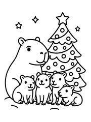 Naklejka premium Cozy Christmas Gathering: A heartwarming illustration of a family of capybaras gathered around a decorated Christmas tree, evoking feelings of warmth and togetherness. 