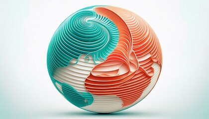 teal and coral helix loops on a globe design with a white background