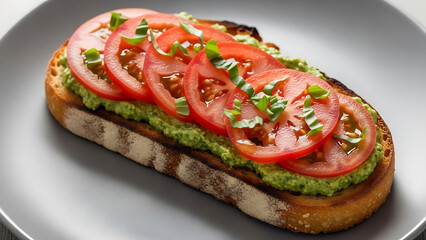 Avocado Toast with Tomato Slices on Crusty Bread