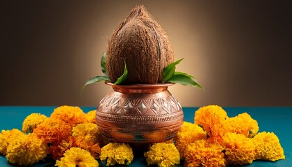 traditionally decorated kalash with coconut and marigold flowers for navratri