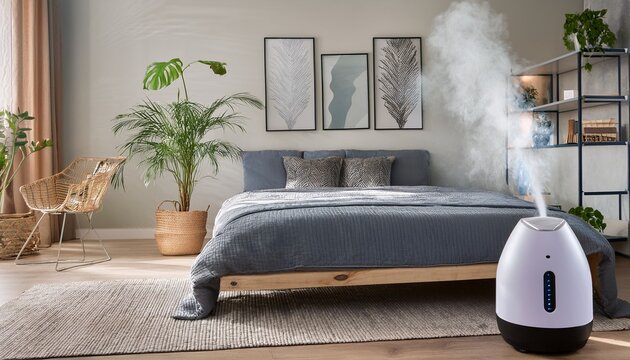 modern scandinavian bedroom designed for comfort and relaxation with a stylish humidifier - Powered by Adobe