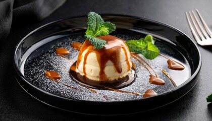 plated dessert with caramelized top cream mint leaves and chocolate sauce on a black plate