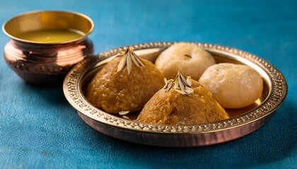 navratri halwa and poori prasad served in brass thali