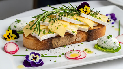 Open Faced Cheese Toast with Herbs and Flowers