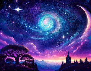 a vibrant cosmic scene with a purple and blue spiral galaxy stars and a crescent moon in a starry night sky with silhouetted trees and a castle in the distance