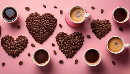 coffee bean hearts with cups of coffee on a pink background
