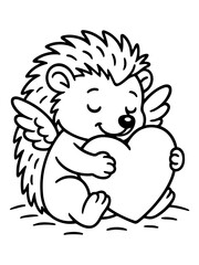 Fototapeta premium Love's Embrace: An adorable hedgehog angel, with heart-shaped wings, tenderly cradles a heart, evoking feelings of affection and warmth. 