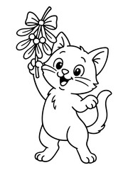 Obraz premium Festive Feline: A charming, outlined illustration features a playful kitten holding mistletoe, exuding holiday cheer. This image brings forth feelings of merriment, joy, and the spirit of the season.
