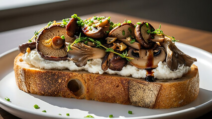Mushroom Toast with Ricotta on Crusty Bread