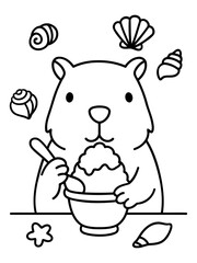 Obraz premium Joyful Hamster enjoying dessert: An adorable hamster relishes a delightful dessert treat, surrounded by whimsical seashells, evoking summer delight and joy.