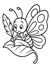 Fototapeta premium Butterfly's Contemplative Composition: A charming illustration depicts a thoughtful butterfly perched upon a leaf, quill in hand, appearing deep in contemplation as it begins to write.