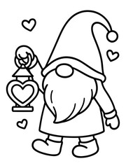 Obraz premium Adorable Garden Gnome: A charming garden gnome with a long, flowing beard and a pointed hat holds a heart-shaped lantern, surrounded by hearts, radiating warmth and affection.