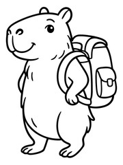 Fototapeta premium Ready for Adventure: A cute, smiling capybara, fully equipped with a backpack, ready to embark on exciting journeys, embodying the spirit of exploration and curiosity.