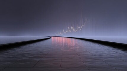 Abstract Financial Growth Concept with Rising Line Graph over Serene Water Surface in Turbulent Environment Reflecting Hope and Opportunity for Investors