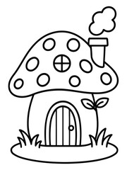 Fototapeta premium Whimsical Mushroom Cottage: A charming hand-drawn illustration showcases a whimsical mushroom cottage with a cozy chimney, a welcoming door, and simple green foliage, perfect for children.