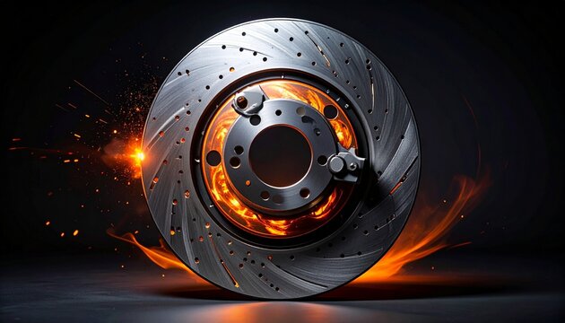 A close-up of a glowing silver metal brake rotor with orange sparks flying around it on a dark background
