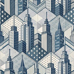 Stylized cityscape pattern featuring tall skyscrapers in geometric blue and cream tones