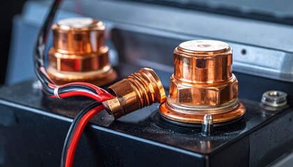 Copper components connected to a black device with red and black wires in a technical setup