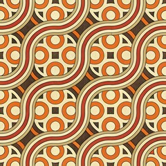 Seamless retro geometric pattern with curved lines and orange circular motifs