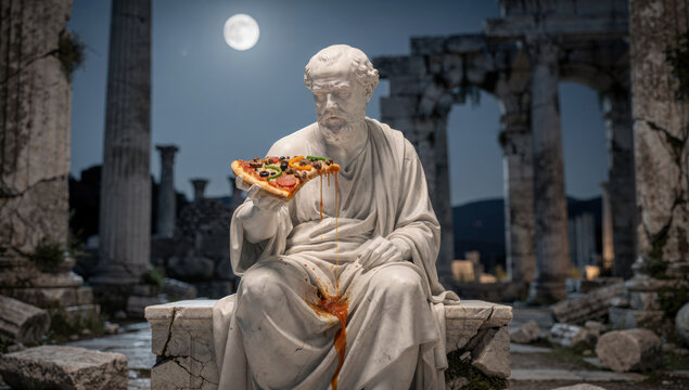 Ancient Greek statue of philosopher eating pizza under the moonlit sky