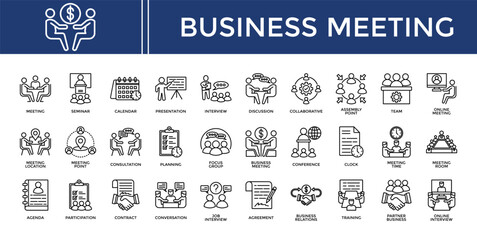 Business Meeting icon set collection. Containing partner, interview, program, seminar, audience, planning, conference .Line vector icons collection