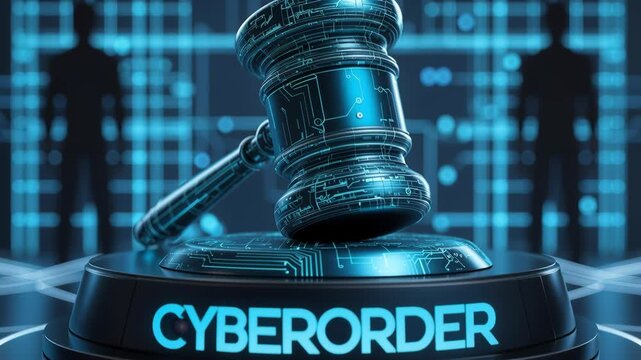 Gavel rests on an illuminated digital podium labeled CYBERORDER with circuit board textures and silhouetted figures in the background that suggest legal authority over cybersecurity and digital regula